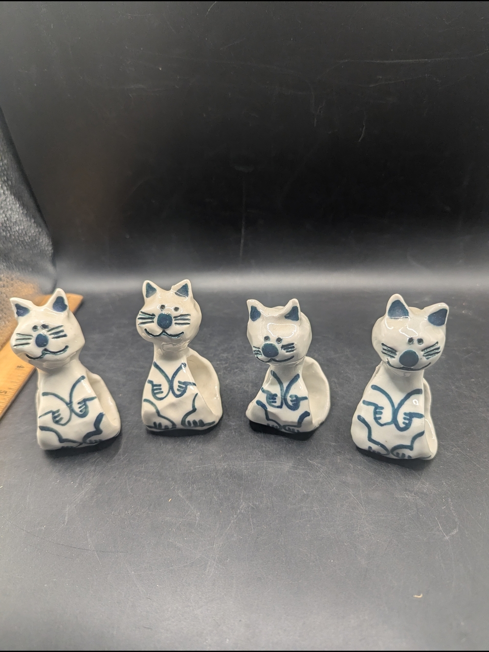 Vintage Handcrafted Ceramic White & Blue Cat Napkin Rings